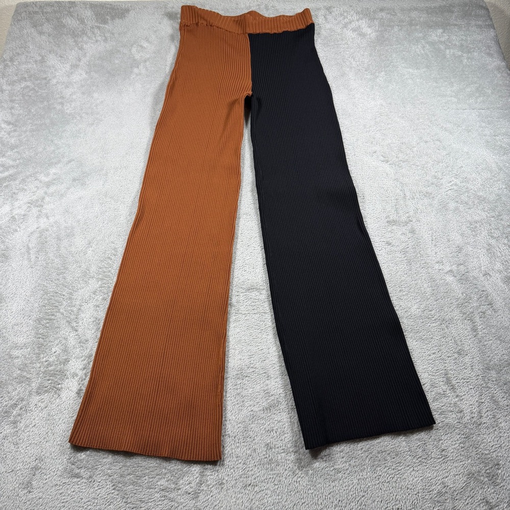 STAUD Fama Pant Women Medium Black Brown Two Tone Ribbed Knit Wide Leg High Rise